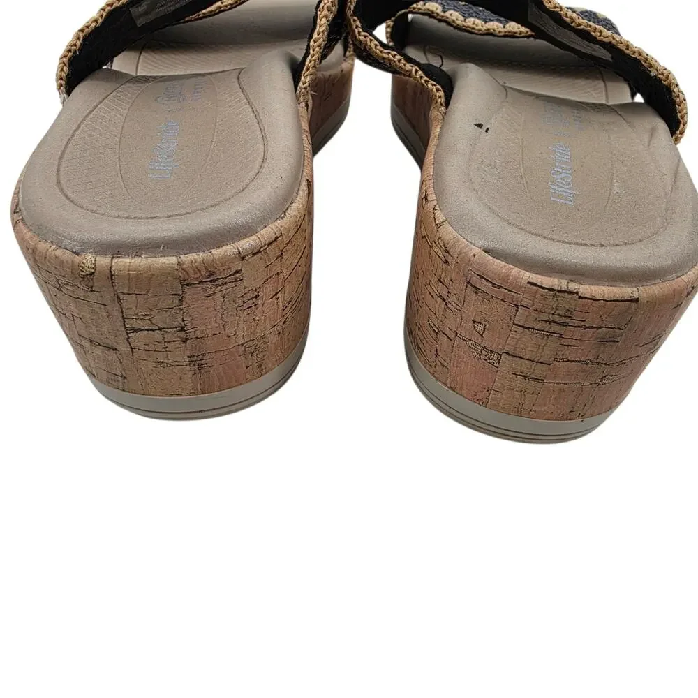 NWOT Life Stride X BZees Black Resort Platform Cork Wedge Slip On Sandals Size 9